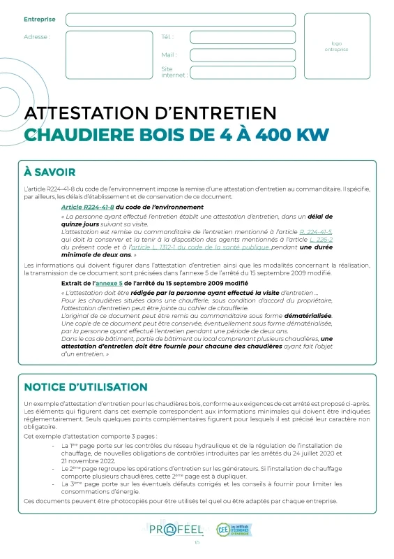 Attestation d'entretien : Chaudière bois de 4 à 400 KW de PROFEEL - Miniature Page 1