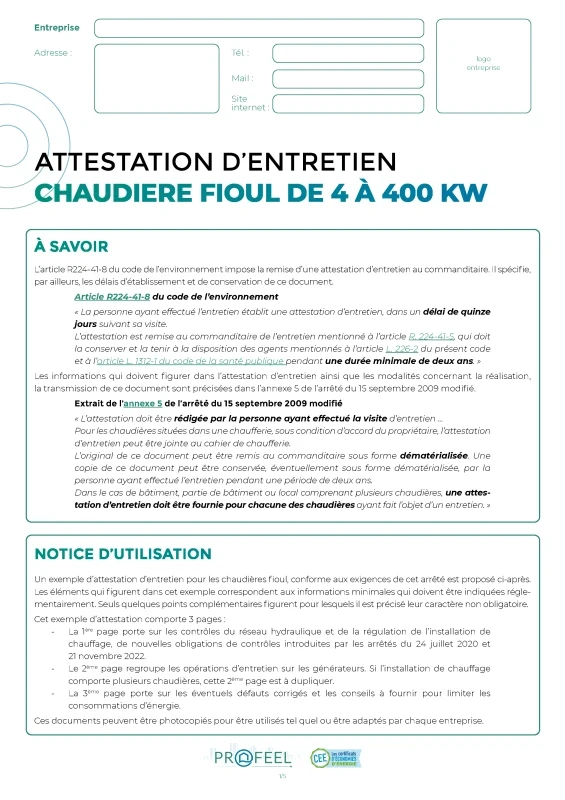 Attestation d'entretien : Chaudière fioul de 4 à 400 KW de PROFEEL - Miniature Page 1