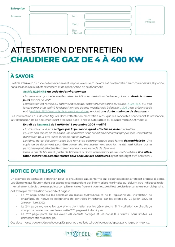 Attestation d'entretien : Chaudière gaz de 4 à 400 KW de PROFEEL - Miniature Page 1