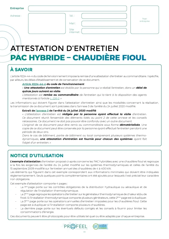 Attestation d'entretien : PAC hybride - Chaudière fioul de PROFEEL - Miniature Page 1