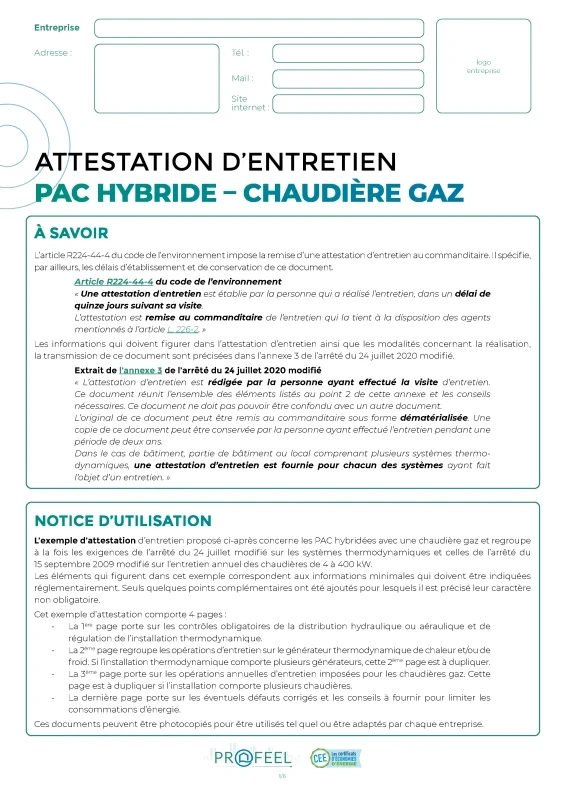 Attestation d'entretien : PAC hybride - Chaudière gaz de PROFEEL - Miniature Page 1