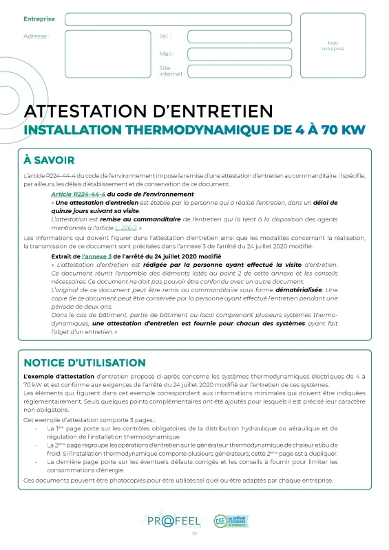 Attestation d'entretien : Installation thermodynamique de 4 à 70 KM de PROFEEL - Page 1 Attestation d'entretien : Installation thermodynamique de 4 à 70 KM de PROFEEL - Miniature Page 1