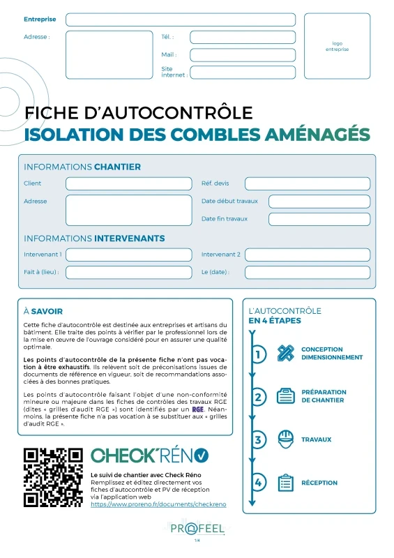 Fiche Autocontrôle Isolation des combles aménagés de PROFEEL - Miniature Page 1