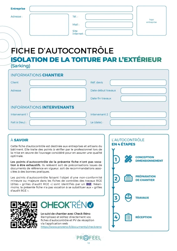 Fiche Autocontrôle Isolation extérieure en toiture (Sarking) de PROFEEL - Miniature Page 1