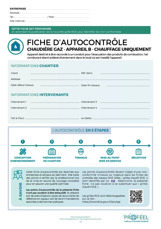 Fiche Autocontrôle Chaudière gaz type B - Chauffage uniquement de PROFEEL - Page 1