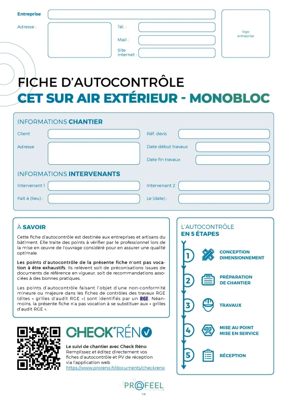 Fiche Autocontrôle CET sur air extérieur - Monobloc de PROFEEL - Page 1 Fiche Autocontrôle CET sur air extérieur - Monobloc de PROFEEL - Miniature Page 1