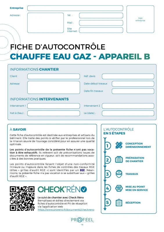Fiche Autocontrôle Chauffe-eau gaz - Appareil type B de PROFEEL - Miniature Page 1