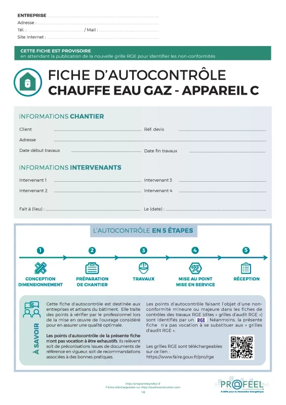 Fiche Autocontrôle Chauffe-eau gaz - Appareil type C de PROFEEL - Page 1