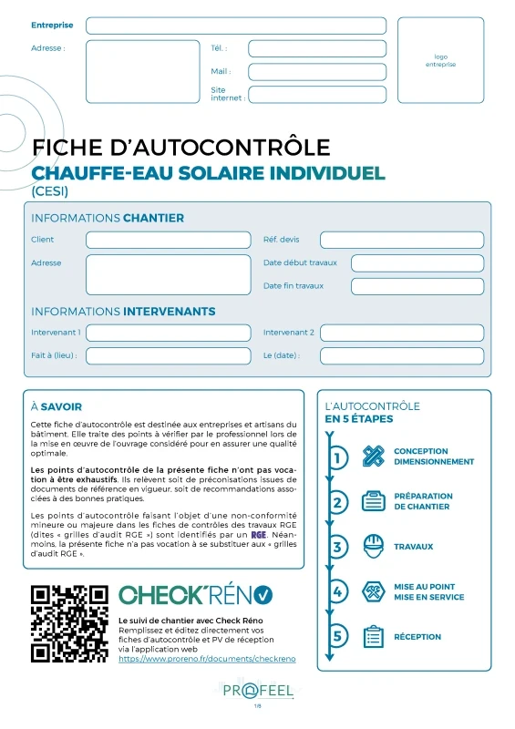 Fiche Autocontrôle Chauffe-eau solaire individuel (CESI) de PROFEEL - Miniature Page 1