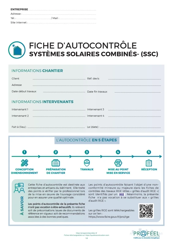 Fiche Autocontrôle Systèmes Solaires Combinés (SSC) de PROFEEL - Page 1