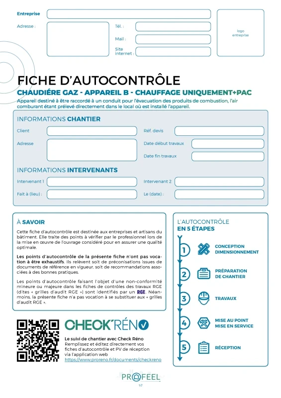 Fiche Autocontrôle Chaudière gaz type B - Chauffage et PAC de PROFEEL - Page 1 Fiche Autocontrôle Chaudière gaz type B - Chauffage et PAC de PROFEEL - Miniature Page 1