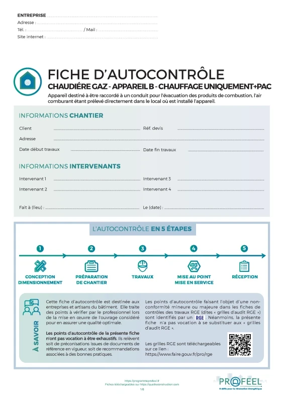 Fiche Autocontrôle Chaudière gaz type B - Chauffage et PAC de PROFEEL - Page 1
