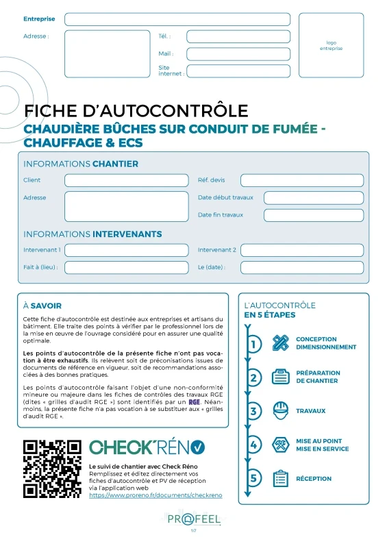 Fiche Autocontrôle Chaudière bûches - Chauffage et ECS de PROFEEL - Miniature Page 1