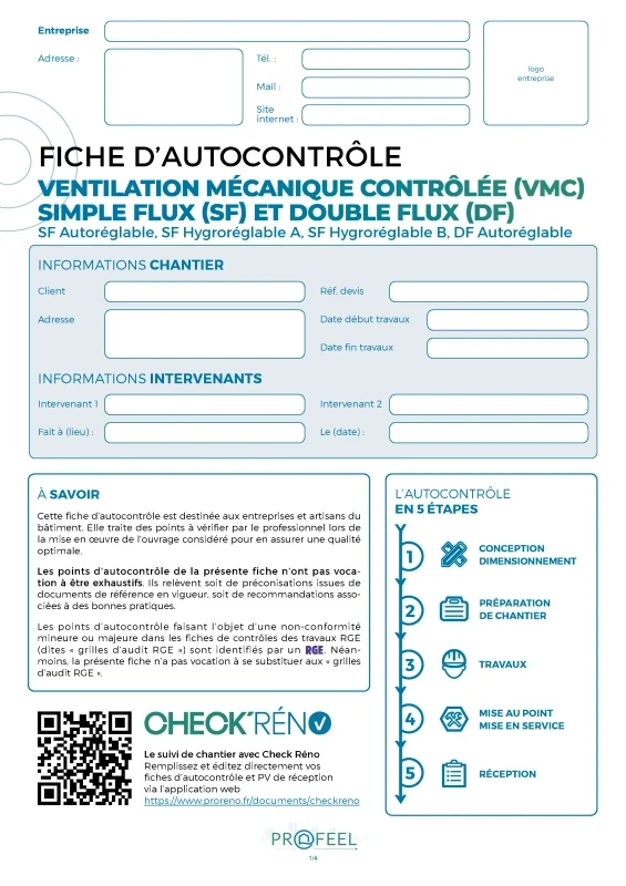 Fiche Autocontrôle VMC simple flux et double flux de PROFEEL - Page 1 Fiche Autocontrôle VMC simple flux et double flux de PROFEEL - Miniature Page 1