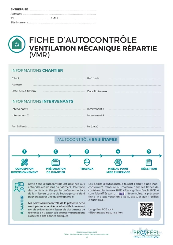 Fiche Autocontrôle Ventilation mécanique répartie (VMR) de PROFEEL - Page 1