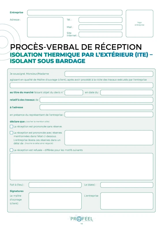 PV Réception travaux - Isolation thermique extérieur (bardage) de PROFEEL - Page 1 PV Réception travaux - Isolation thermique extérieur (bardage) de PROFEEL - Miniature Page 1