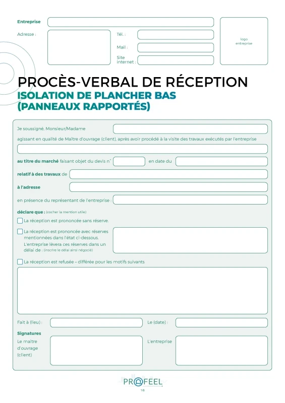 PV Réception travaux - Isolation plancher bas - Panneaux rapportés de PROFEEL - Miniature Page 1