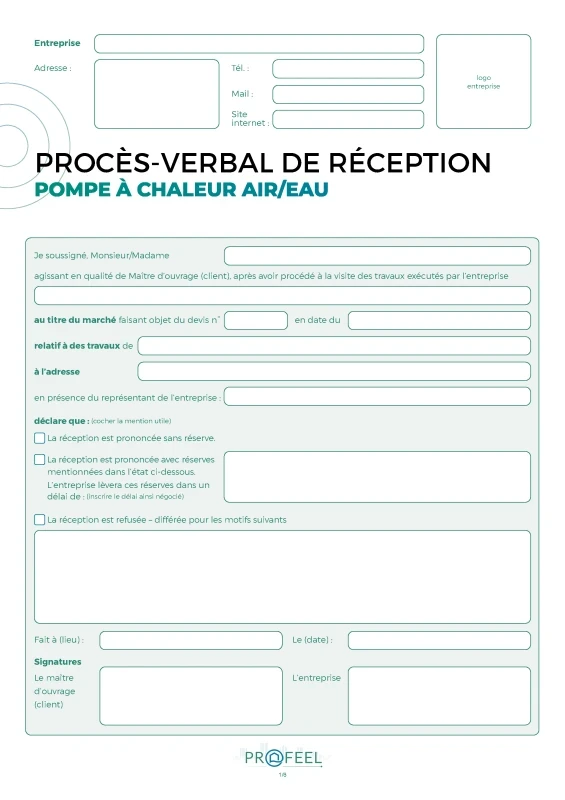 PV Réception travaux - Pompe à chaleur Air / Eau de PROFEEL - Miniature Page 1