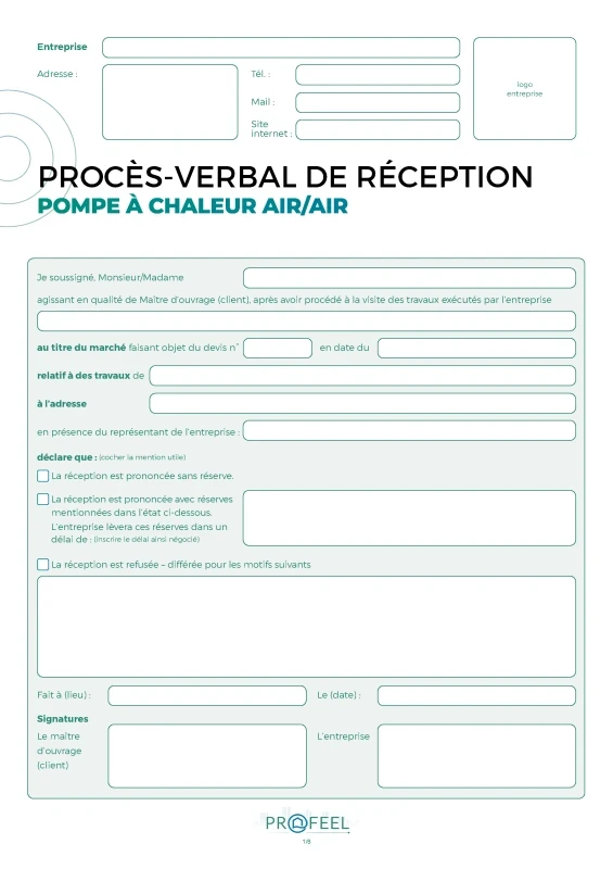 PV Réception travaux - Pompe à chaleur Air / Air de PROFEEL - Miniature Page 1