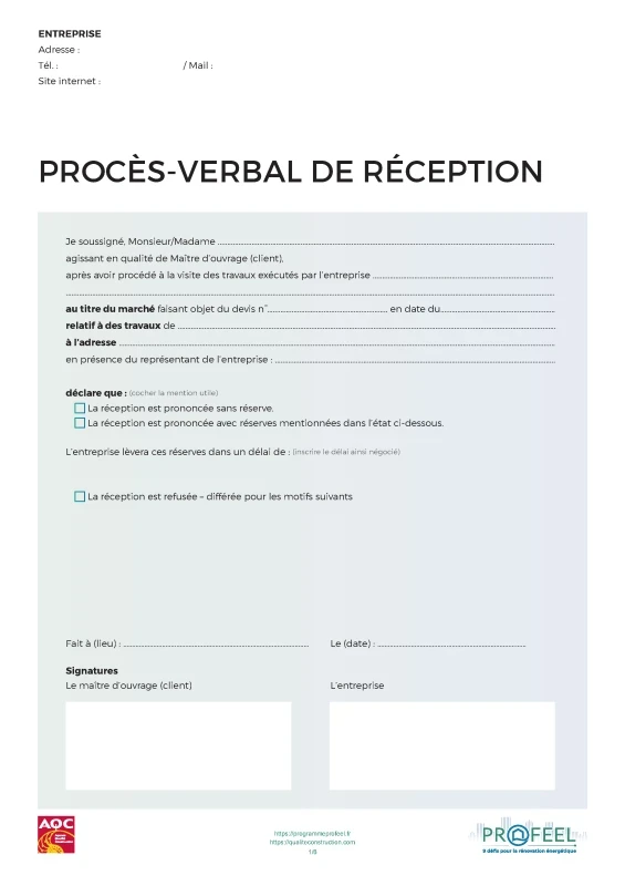 Fiche de Réception chauffe-eau thermodynamique de PROFEEL - Page 1