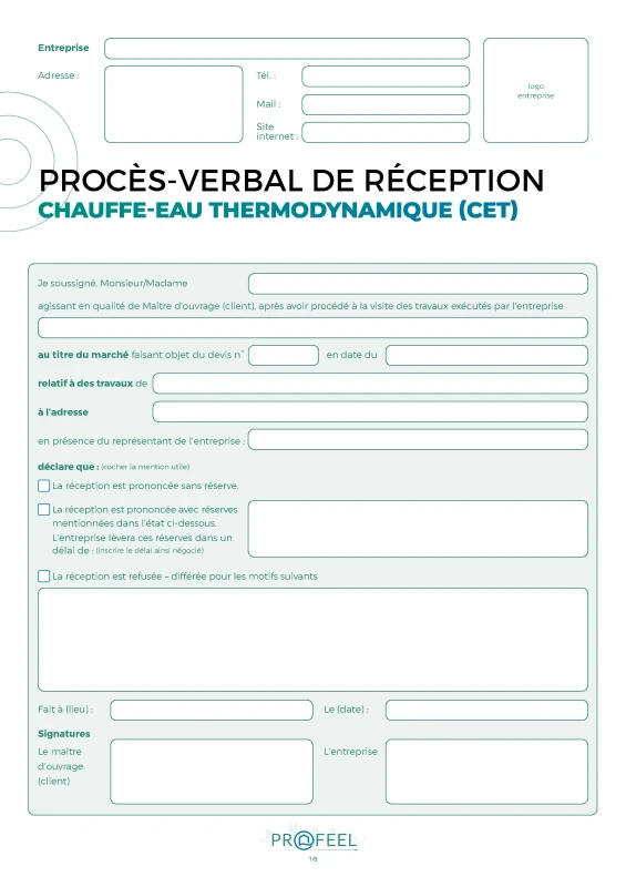 PV Réception travaux - Chauffe-eau thermodynamique (CET) de PROFEEL - Miniature Page 1