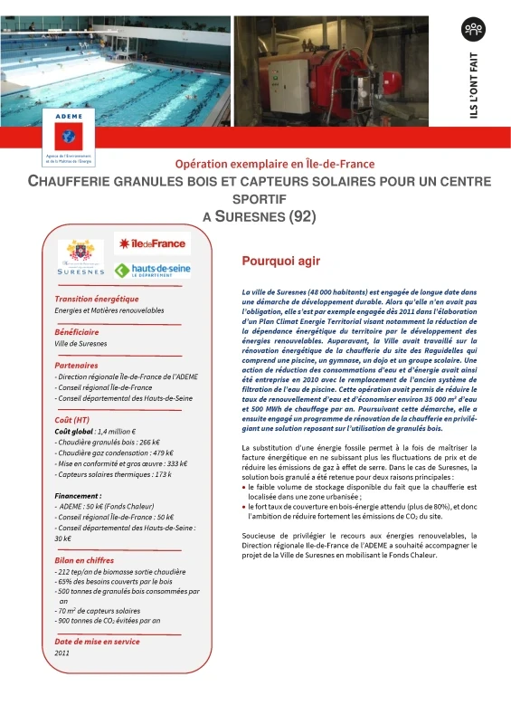 Chaufferie granulés bois et capteurs solaires pour un centre sportif à Suresnes (92) Retour d'expérience en région de PROFEEL - Page 1