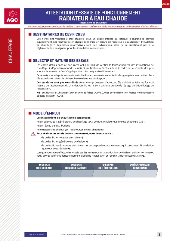 Radiateurs à eau chaude - Attestation d'essais de fonctionnement de PROFEEL - Page 1