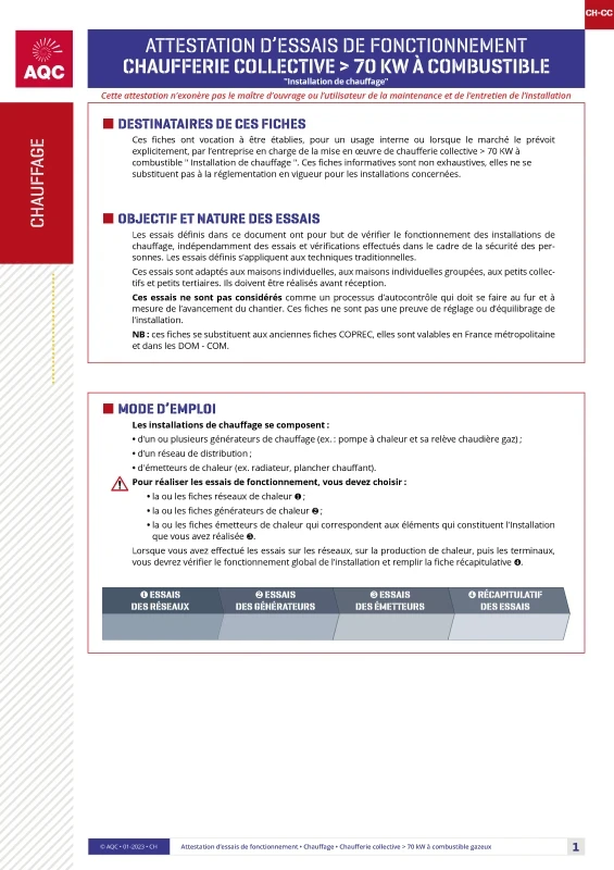 Chaufferie collective >70kW - Attestation d'essais de fonctionnement de PROFEEL - Page 1 Chaufferie collective >70kW - Attestation d'essais de fonctionnement de PROFEEL - Page 1