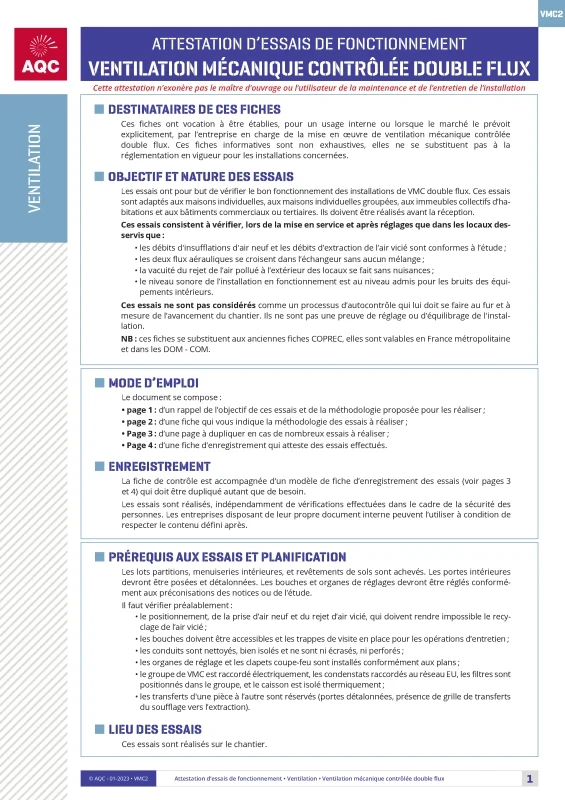 VMC double flux - Attestation d'essais de fonctionnement de PROFEEL - Page 1