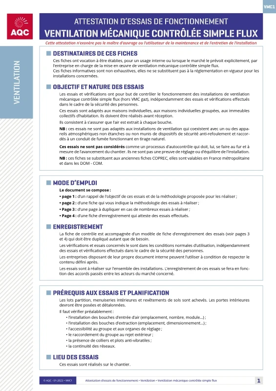 VMC simple flux - Attestation d'essais de fonctionnement de PROFEEL - Page 1 VMC simple flux - Attestation d'essais de fonctionnement de PROFEEL - Page 1